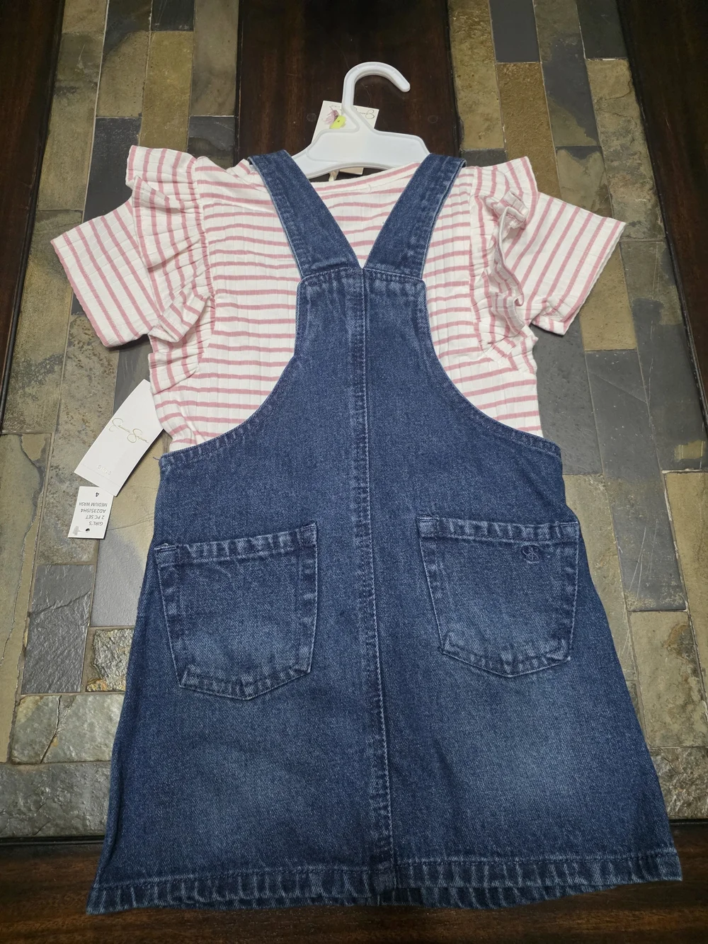 Jessica Simpson Pink Striped Ruffle Tee with Dark Blue Denim Overall Dress